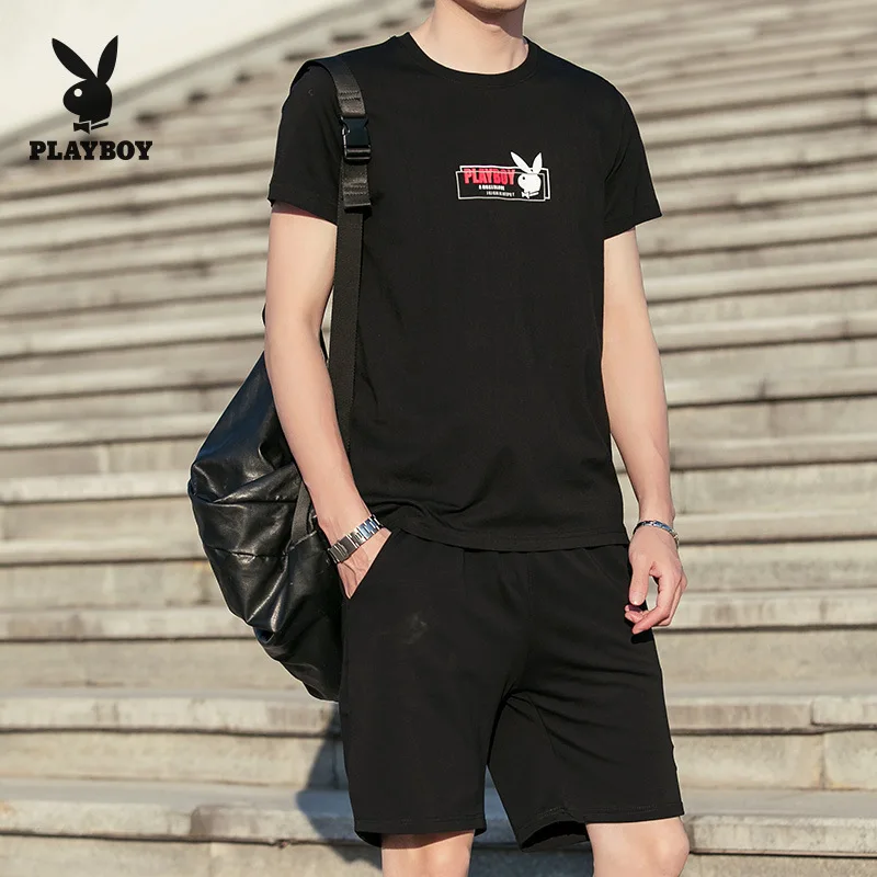 Brand 2020 Playboy Teen Men's Slim Breathable Fashion Trendy T-Shirt + Five-Pants Sports Pants Set Clothes