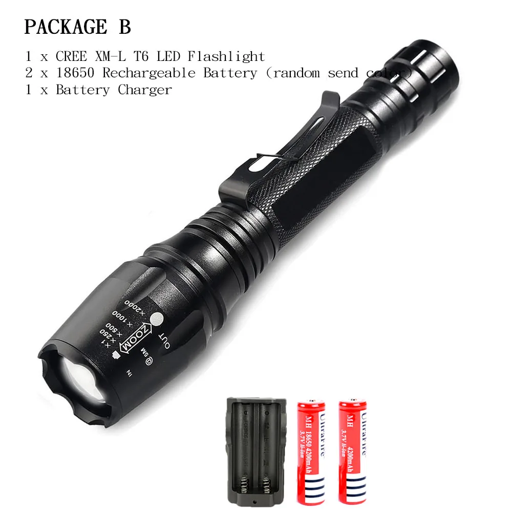 small led torch Brightest LED Tactical Military Flashlights 2000LM Super Bright Rechargeable T6 Zoomable 5 Modes LED Torch , Camping, Emergency led torch Flashlights