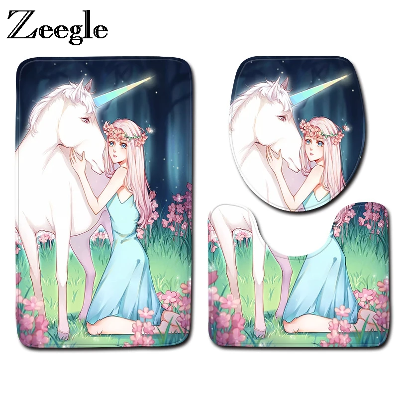 Zeegle 3 шт. микрофибра коврики для ванной набор единорогов шаблон набор ковров для ванной комнаты 3 шт. Противоскользящие коврики для туалета коврики для ванной комнаты