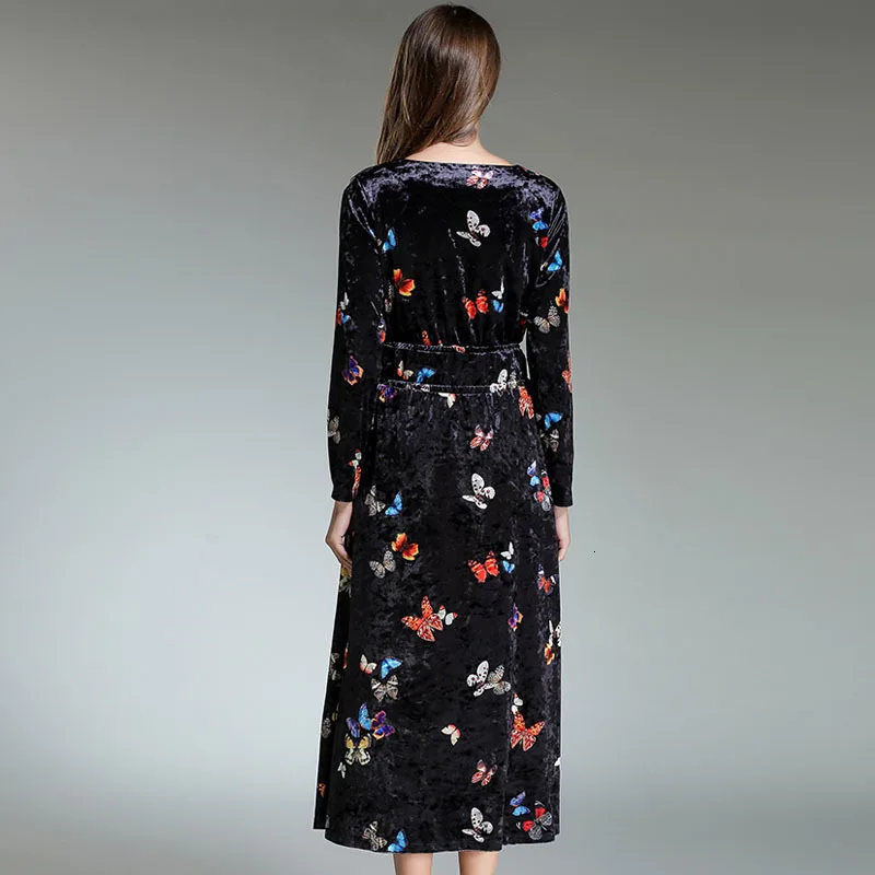 Зимнее длинное бархатное платье, женские платья, Новое поступление, Robe Hiver, с принтом бабочки, рождественское макси платье, Vestido Longo