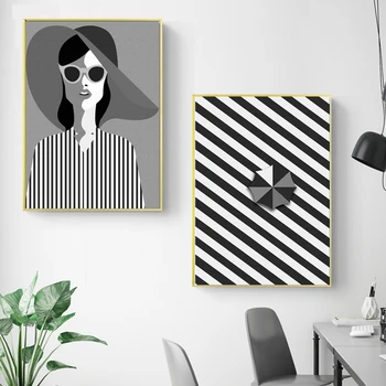 

Black And White Striped Background Canvas Painting Lady Photo Home Decoration Wall Art Poster Print For Living Room Unframed