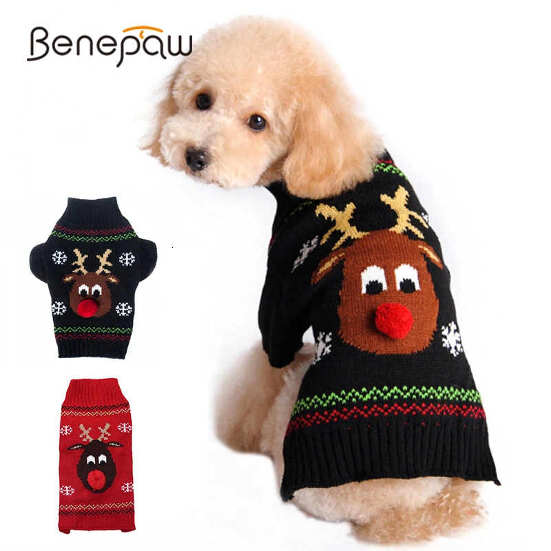 Benepaw Warm Knitted Dog Christmas Sweater Winter Cartoon Reindeer Chihuahua Pet Clothes For Small Medium Dogs Clothing