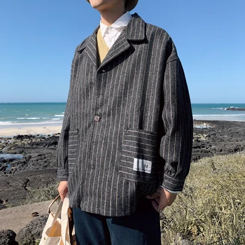 

Men's jacket 2019 autumn and winter retro woolen windbreaker striped jacket youth personality fashion trend men's clothing