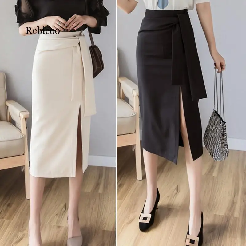 

Knee-Length Elegant Temperament High Waist High Waist Slit Skirt Fashion Trend Solid Color Women's Bodycon Skirt Black/ White