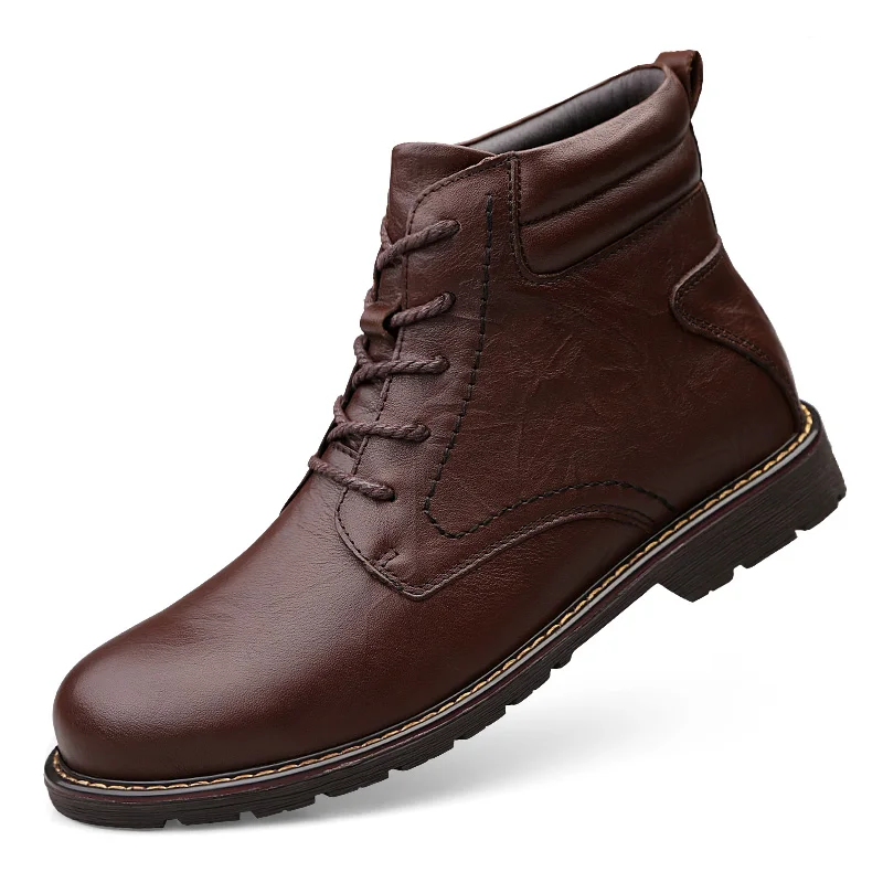 Теплые удобные модные зимние ботинки из натуральной кожи; Мужская зимняя обувь; водонепроницаемые ботинки; мужские шерстяные плюшевые теплые ботинки; Новинка года - Цвет: Brown