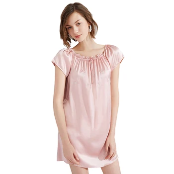 

100% Real Silk nightgown women sleeping dress nighties mini Loose Short Cap Sleeve with Embroidery Boat Neck