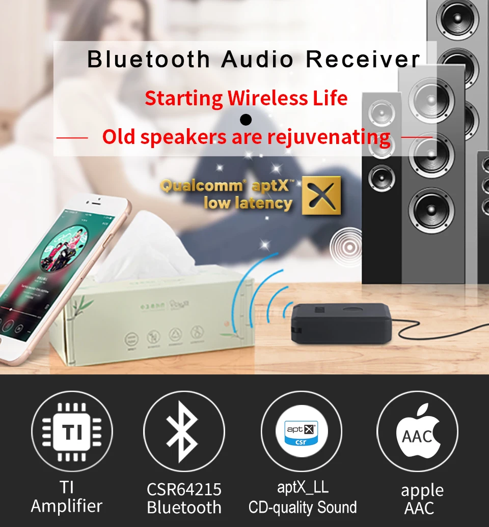 MR230 беспроводной Bluetooth аудио приемник aptX с низкой задержкой 3,5 мм разъем Bluetooth аудио приемник aux адаптер для автомобиля, колонки
