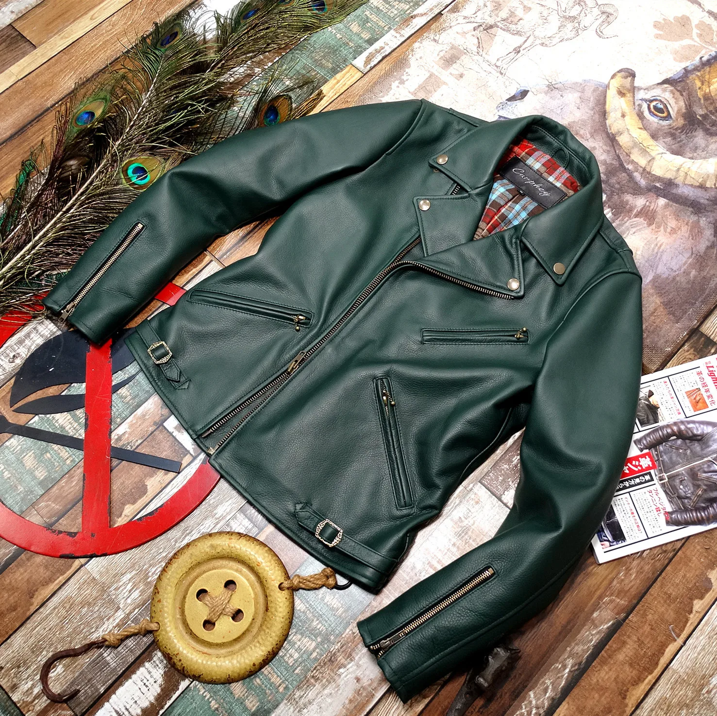 

any Increase prices at time! Imported cowhide! Japanese oblique pull green genuine leather jacket