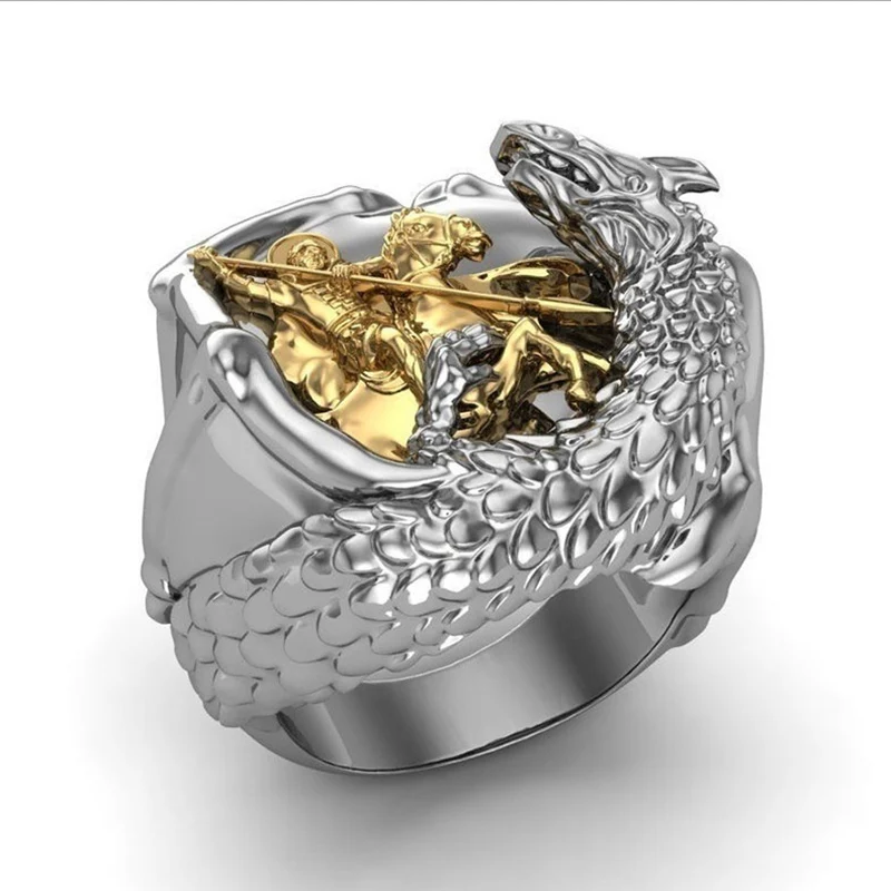 Vintage Sovereign Ring Men St George Portrait Gold Roman Cavalry Dragon Slayer Rings for Women Nordic Mythology Viking Jewelry | Украшения