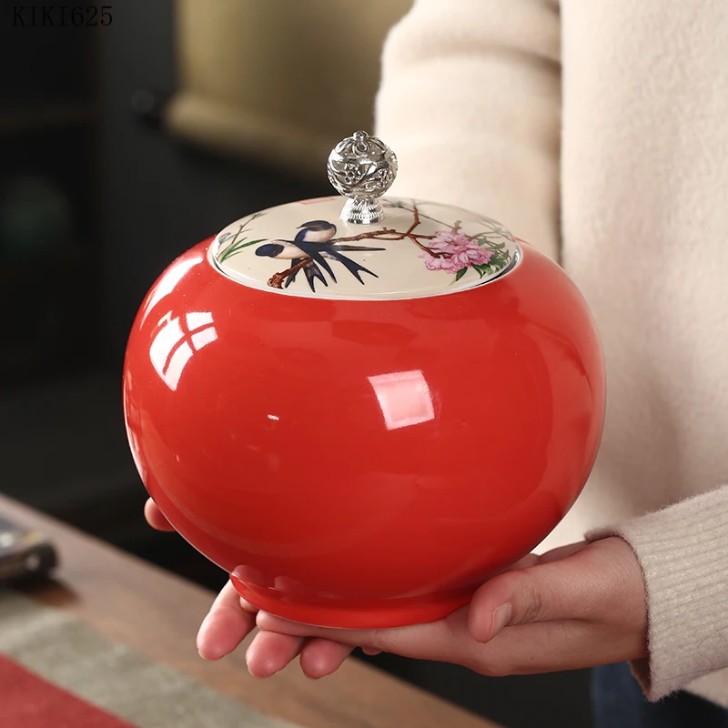 Creative Red Ceramic Tea Pot Large Candy Dried Fruit Sealed Kitchen