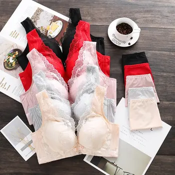 

Vintage Women Bra Set Sey Summer Lace Bra Underwear Set Lace Gathering Bra + Ice Silk Briefs Set