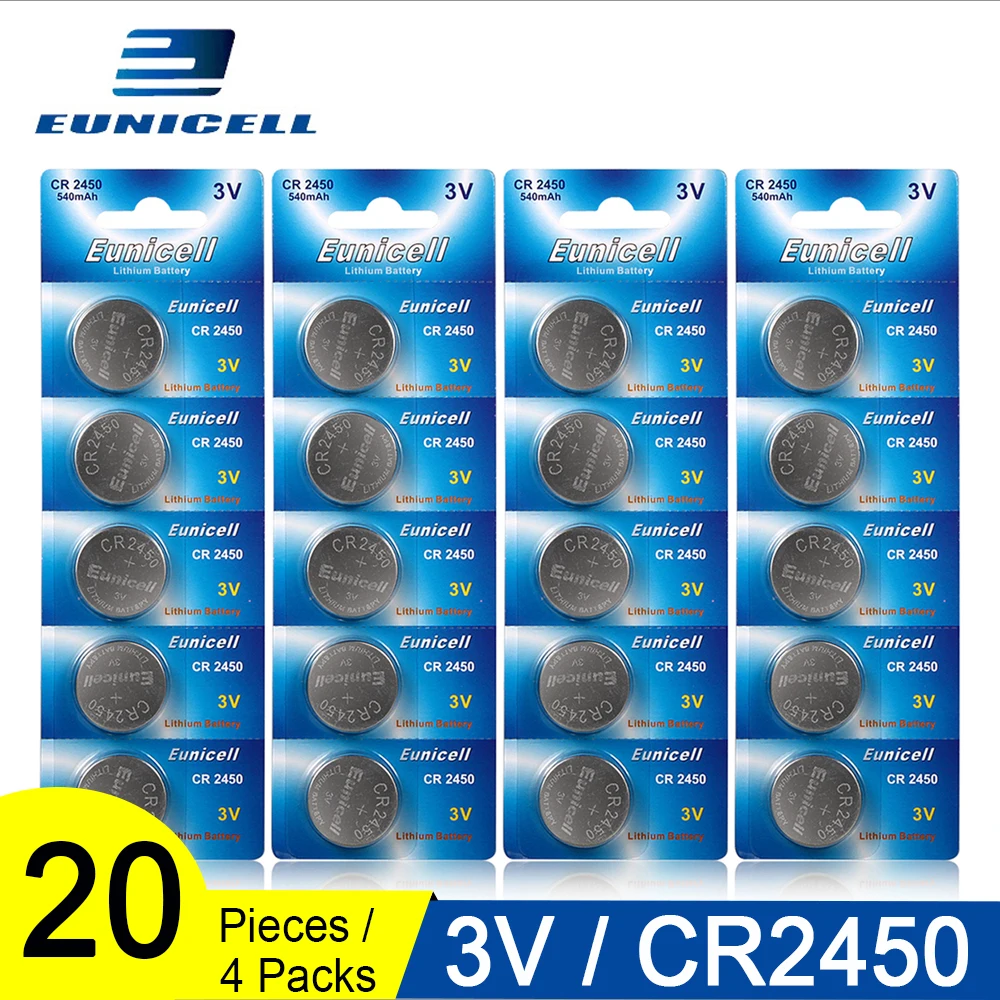 20 шт. = 4 карты Eunicell 350 мАч CR2450 CR 2450 ECR2450 KCR2450 5029LC LM2450 Кнопочная батарея монетная 3 в