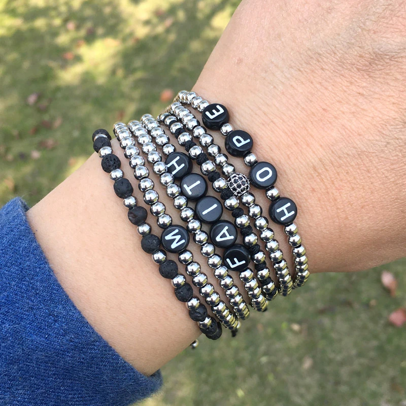 Pulsera de moda para hombre y mujer, conjunto de pulsera inspirada en letras, cuentas acero inoxidable de 4mm, novedad|Pulseras hilo| - AliExpress