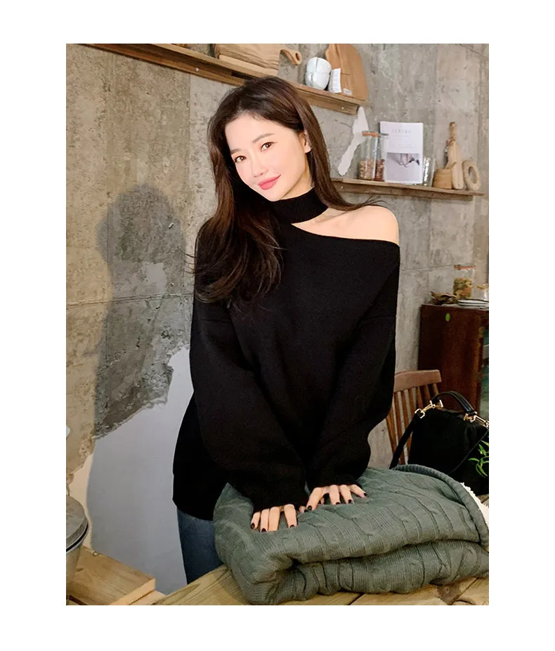 Autumn New Women's Hanging Neck Pullovers Sweater Knitting Bare Shoulder Irregular Fashion Casual Elegant Tops T98323D