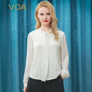 

VOA Silk Micro-Embellish 36mm Metered Georgette Shirt Sleeve Paneled Pleated Design Single-Breasted White T-Shirt B9299