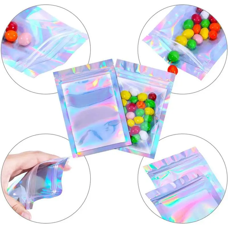 

100 Pieces S / M / L / XL Flat Zip Lock Bath Salt Cosmetic Bag One Side Clear Holographic Laser Mini Aluminum Foil Zip Lock Bags