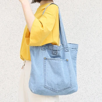 

Women Bag Denim Tote Large Capacity Durable And Foldable Handbags Female Shopping Book Teacher Nurse Organizer Shoulder Bag