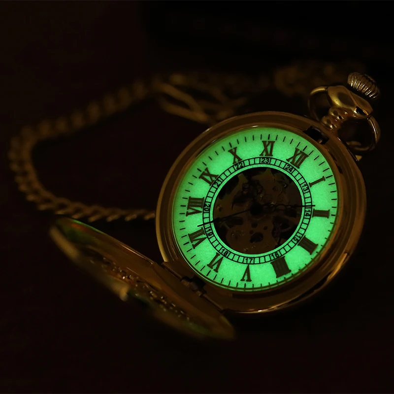 Roman Numeral Mechanical Pocket Watch Antique Vintage Luxury Gold Steampunk Skeleton Luminous Fob Chain Clock for Men Women Gift