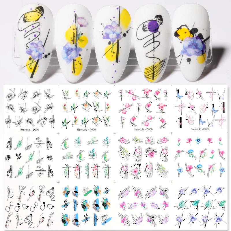 12Pcs Spring Theme Colorful Geometric Lines Flowers Leaf Water Decals Butterfly Fruit Transfer Sliders Paper Nail Decoration