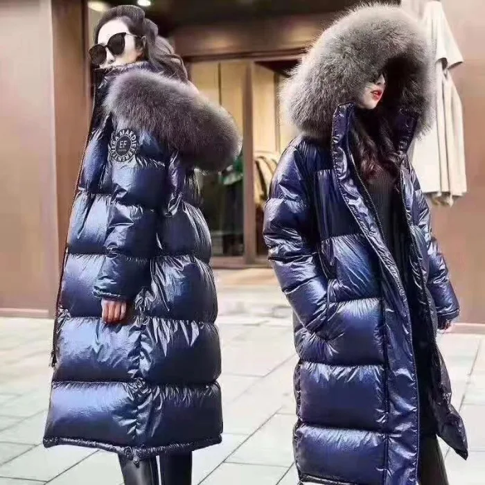 

Popular Brand Fashion down Jacket Female Winter Mid-length over-the-Knee Hooded Thick Warm Bright Surface Raccoon Dog Genuine Fu