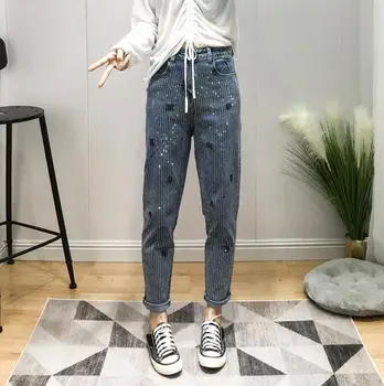 

Hot Diamond Light Blue Jeans Women Spring Autumn Loose Denim Harem Pants female Embroidery High Waist Dad Pants r841