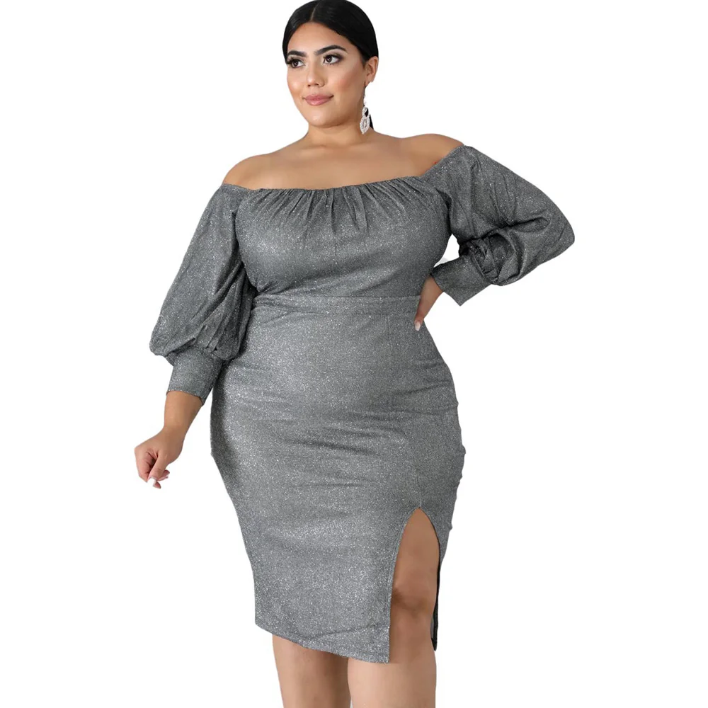 Grey Club Dress Сексуальное Клубное платье с вырезом лодочкой для женщин; большие размеры 5XL 6XL; серые платья с разрезом для вечеринок; облегающие платья с рукавами-фонариками; Vestidos платье женское вечернее платье на год - Цвет: Grey Club Dress