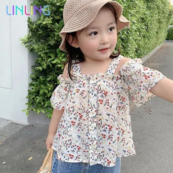 

2020 Summer New Arrival Girls Blouses Kids Summer Floral Printed Strap Ruffle Blouses Baby Girl Cute Shirt for 1-6 Years