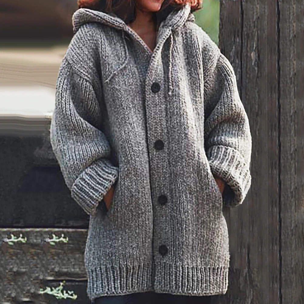 Модные осень-зима с капюшоном свитер Для женщин с длинными рукавами, вязаные свитеры-кардиганы Женский Теплый кардиган Pull Femme Джерси mujer