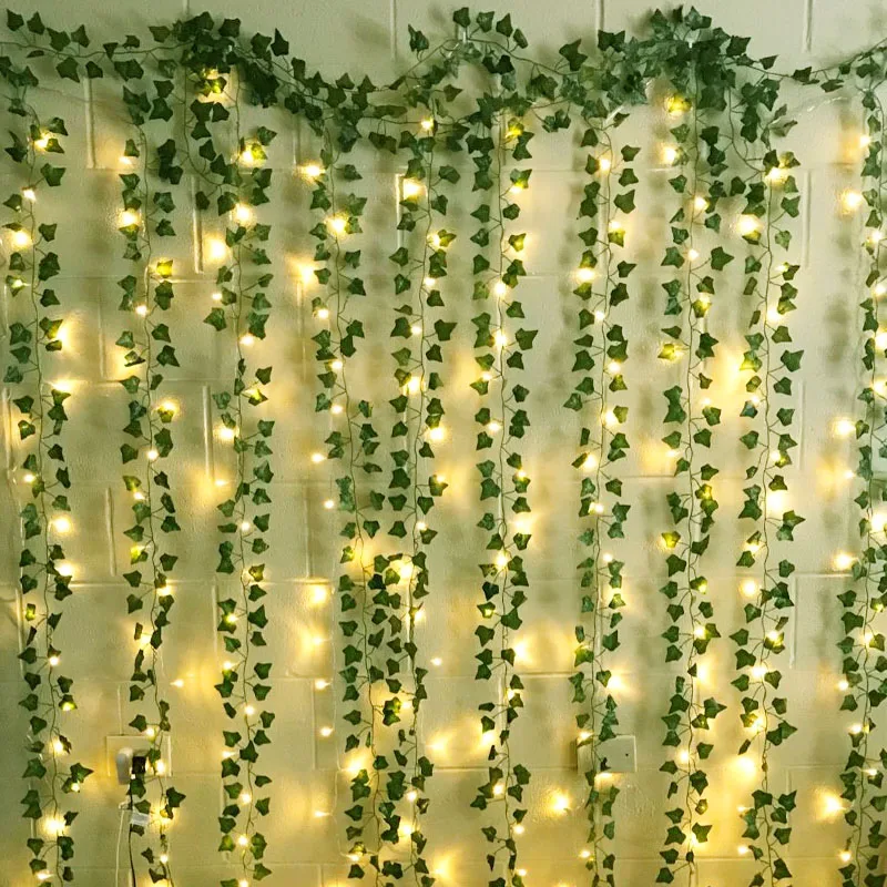 2.3m Silk Leaves Fake Creeper Green Leaf Ivy Vine 1/2/3m LED String Lights Decor For Wedding Party Hanging Garland Home Garden