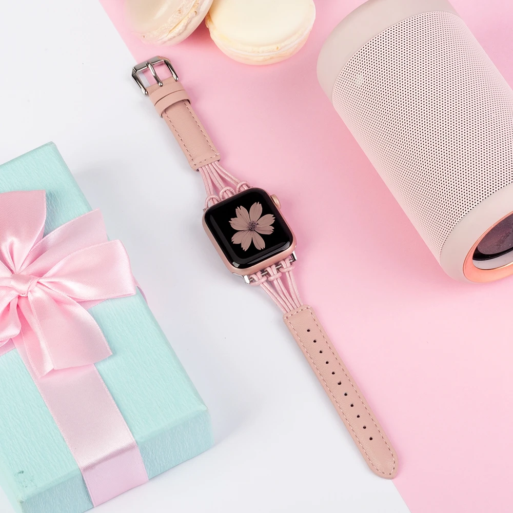 Кожаный ремешок для Apple Watch, 38 мм, 40 мм, 42 мм, 44 мм, розовое золото, для женщин и мужчин, тонкий браслет с кисточкой для отдыха, ремешок для iWatch 5, 4, 3, 2, 1