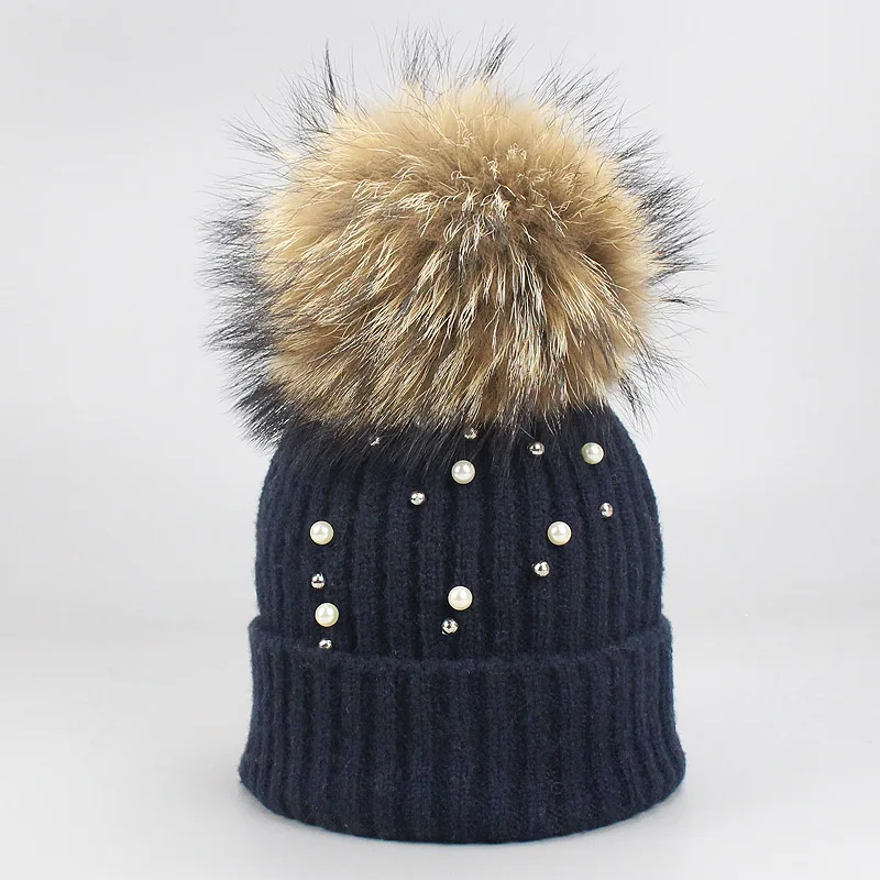 Pom Pom Beanie Hat Women Warm Knitted Bobble Real Fur Pompom Hat Pearl Beanies Children Real Raccoon Fur Pompon Sequins Winter - Цвет: A