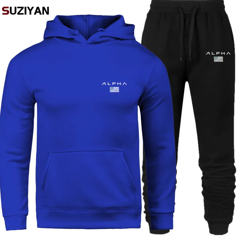 Мужские наборы с принтом Alpha Sweatsuit, спортивный костюм, брендовый спортивный костюм, спортивный костюм, Большой размер, мужская спортивная одежда, куртки с капюшоном и штаны - Цвет: SET06-ALPX