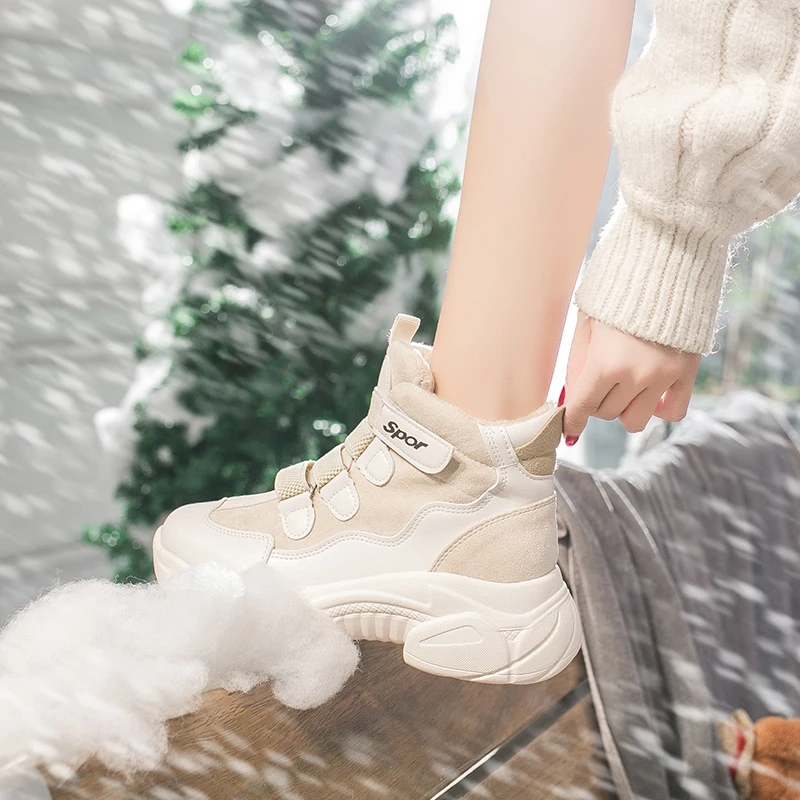 Новинка года; теплые зимние кроссовки с мехом; высокие кроссовки; женские ботинки; повседневные удобные женские туфли из плюша; Модные женские кроссовки на массивном каблуке