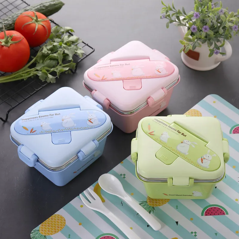 

Cartoon Children's Stainless Steel Lunch Box Single Layer Heat Preservation Bowl Three Pieces Set Sealed Fork Spoon