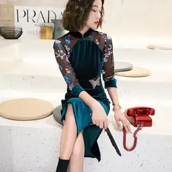 2019 модные блузки с короткими рукавами бархатное вышитое платье-чанпао платье для женщин
