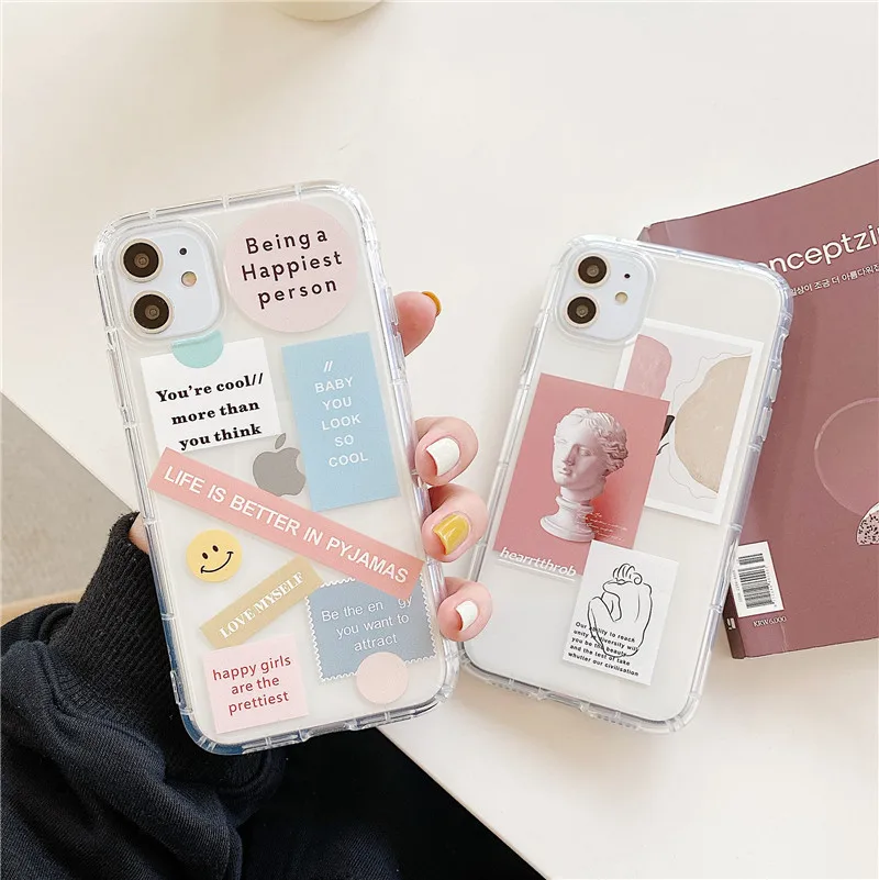 Art Retro Oil Painting Label Phone Case For iPhone 11 Pro Max XR X XS 7 Puls 8 Plus Cases Cute Clear Soft TPU Cover | Мобильные