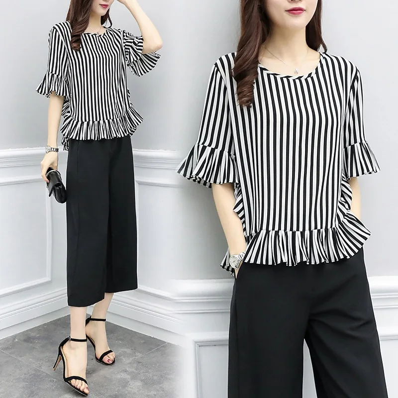 

2019 Spring And Summer New Style Large Size Dress Bell Sleeve Stripes Slimming Chiffon Tops And Loose Pants Two-Piece Set