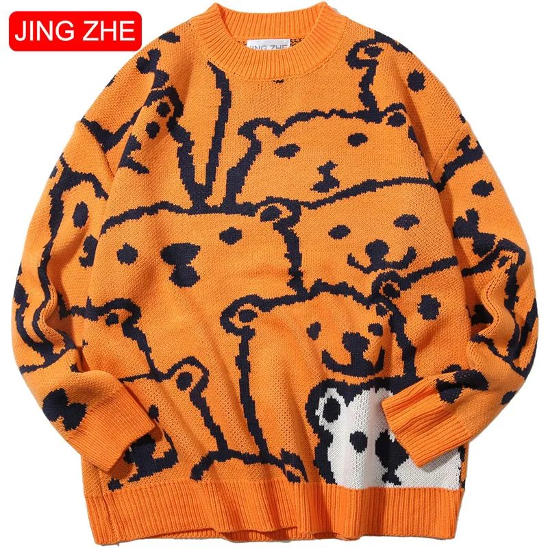 

JING ZHE Japanese Sweater Men's Cute Bear Pattern Knitted Sweater Winter Couple Casual Oversized Pullover High Street Streetwear