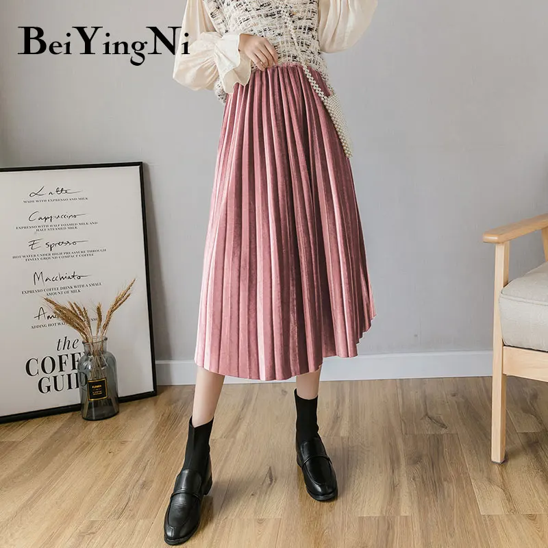 Beiyingni Autumn Winter Gold Velvet Midi Skirt for Woman High Waist Vintage Casual Pleated Skirts Womens Solid 7Colors Warm Saia - Цвет: Розовый