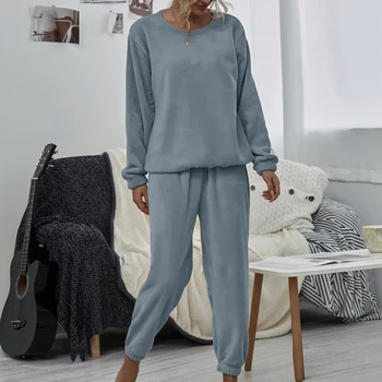 

2020 Women Home Clothing Winter Flannel Pajama Set Warm Long Sleeve Loose Top Elastic Waist Thick Warm Sleepwear