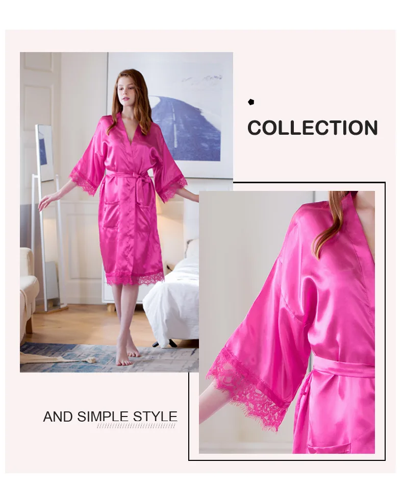 Spring Summer and Autumn Newest Long Style Sexy Lace Design Stitching Ice Silk Bathrobes Simulation Silk Nightgown Home Clothes