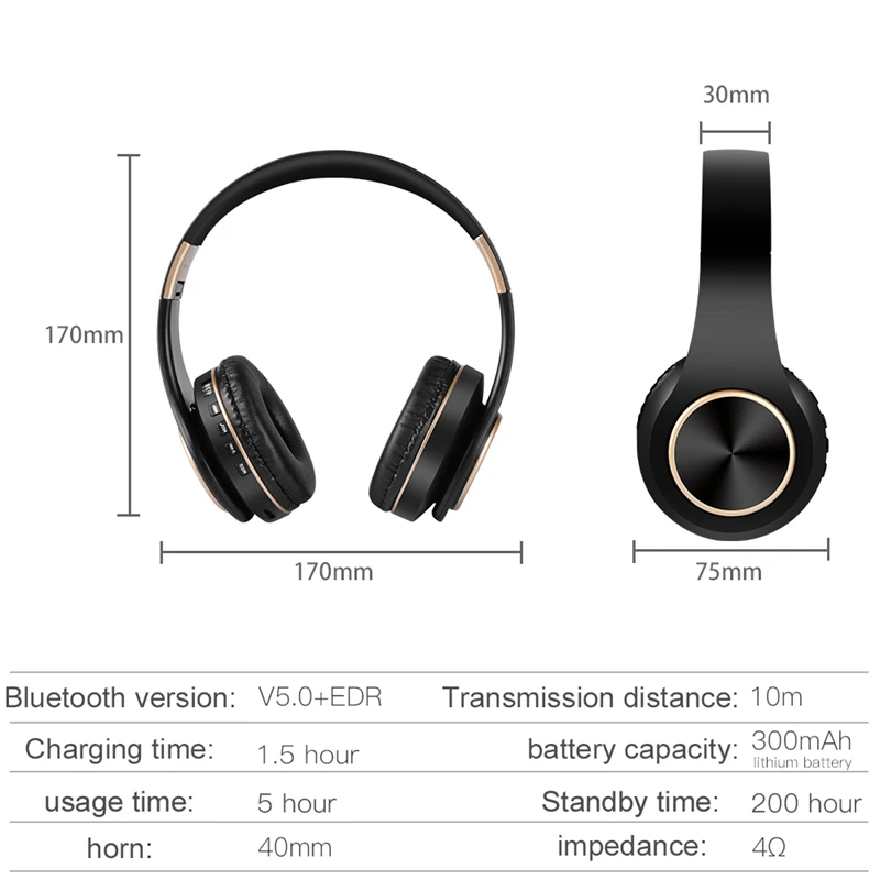 Wireless Bluetooth5.0 Headphones Foldable Wireless Stereo Headset Handsfree Earbuds with Mic Support TF Card Play