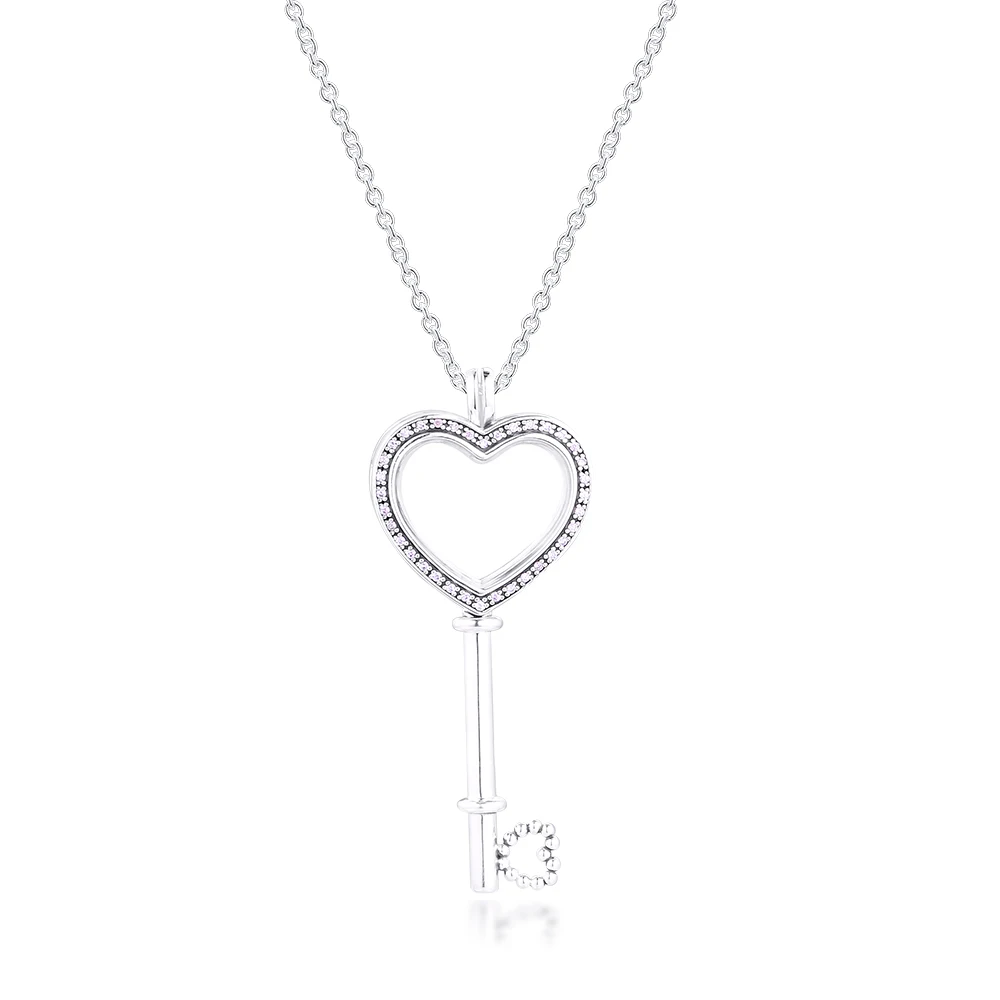 Genuine 925 Sterling Silver Large Floating Locket Key Necklace Light Pink Cz Pendants Necklaces