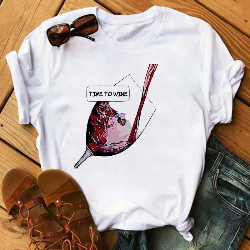 Maycaur T-Shirt Women Rose Gold Wine Glasses Print White and Black T-Shirt Summer Casual Loose Plus Size T Shirt Female Tops Tee cute summer crop tops