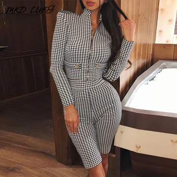 

OL Casual 2 Piece Set Workwear Houndstooth Padded Shoulder Long Sleeve Zipper Coats & Slinky Shorts Sets Women Two Piece Outfits