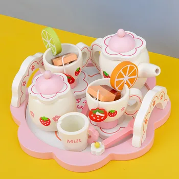 

Children's Toy Family Simulation Pink Tea Set Wooden Baby Early Education Educational Kitchen Tableware Gift Girls Toys