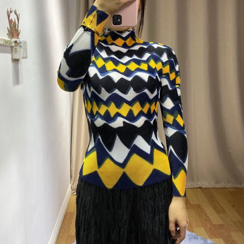 Весенняя плиссированная футболка Miyake с принтом на подкладке, большой размер, Женский Топ с высоким воротником и длинным рукавом