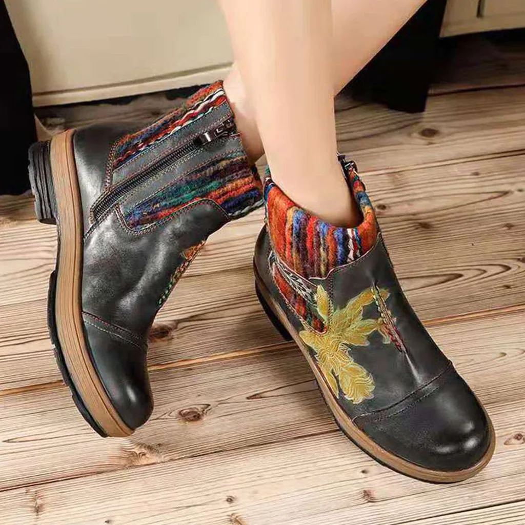 Retro Women's Embroidery Style Ankle Boots Round Toe Shoes Ladies Side Zipper Floral Short Woman Square Med-Heeled Bootie | Обувь
