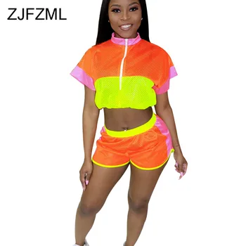 

Neon Color Block Sexy 2 Piece Set Summer Clothes for Women Stand Collars Short Sleeve Zipper Front Crop Top + Shorts Mesh Outfit