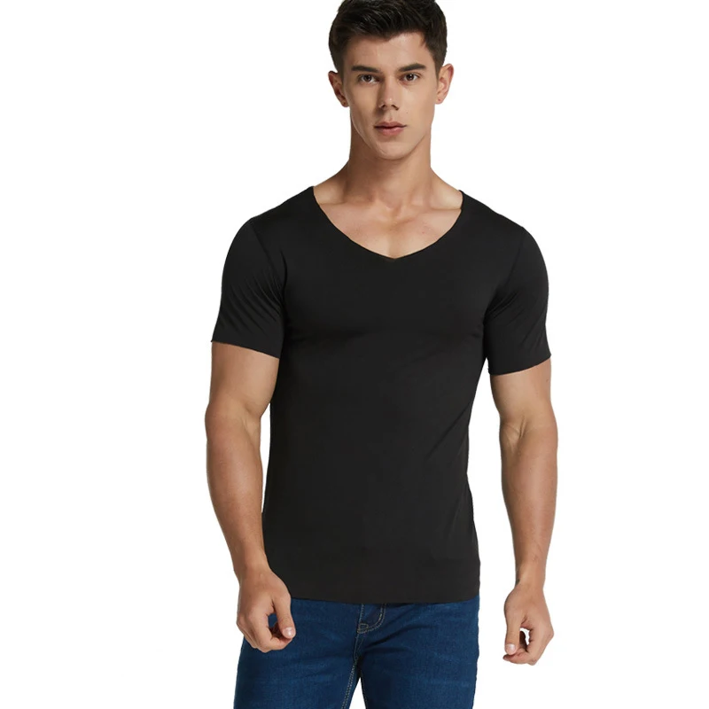 Plus Size Men's V-Neck Undershirts Man Ice Silk Seamless Short Sleeves Basic Shirts Summer Sexy Fitness Body Building Underwear men underwear
